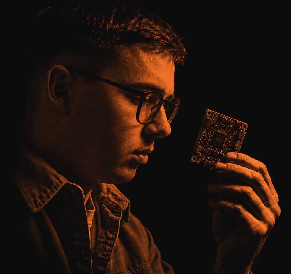 Luke Richardson examining a circuit board